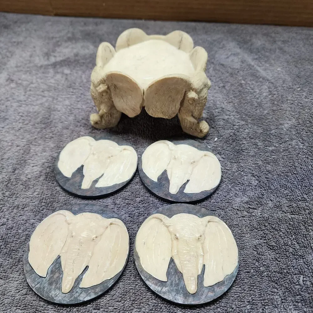 Set of 4 Stone coasters with African Elephant footed holder JJ